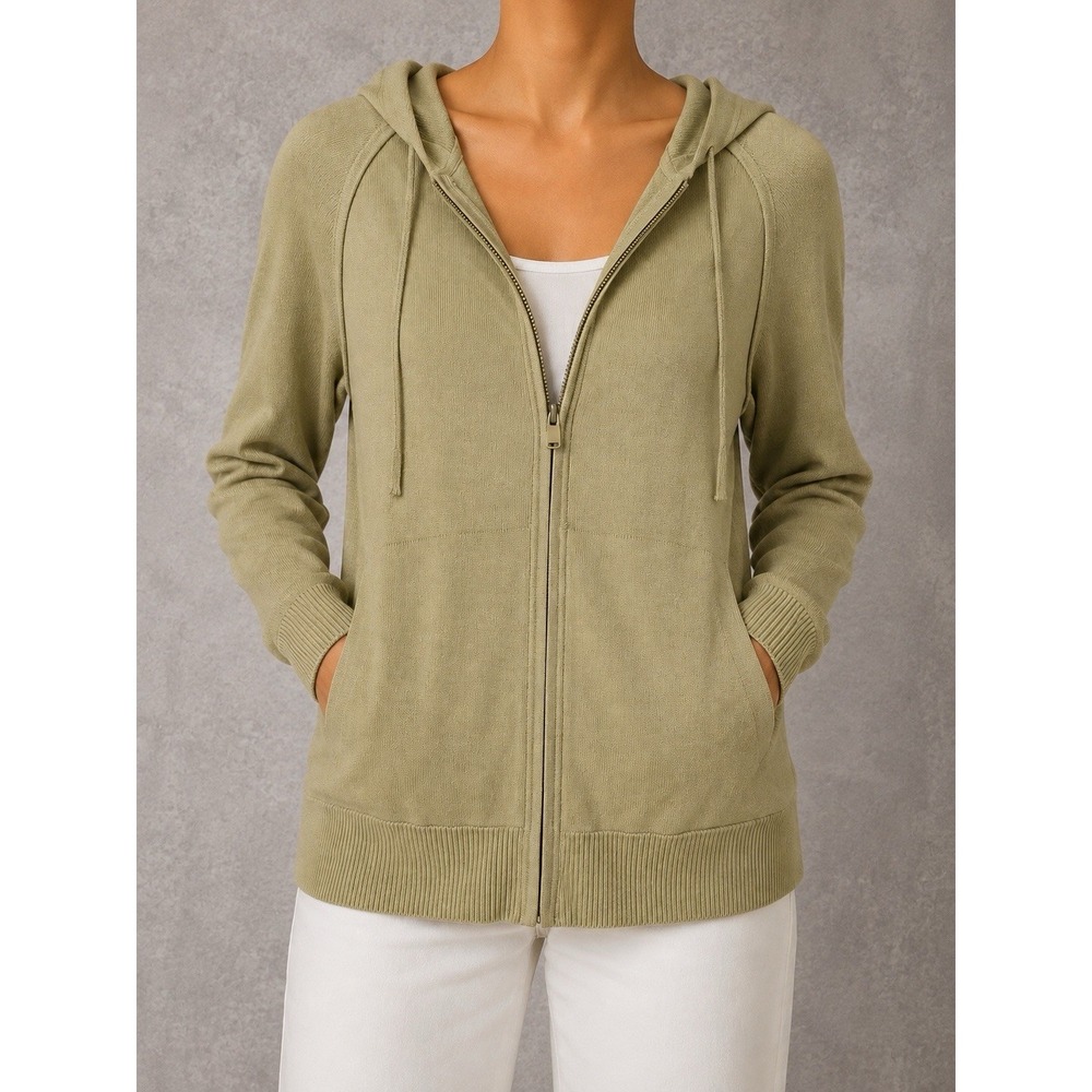 St. John Full Zip Hoodie Womens Large Beige Wool Blend Knit Hooded Sweater